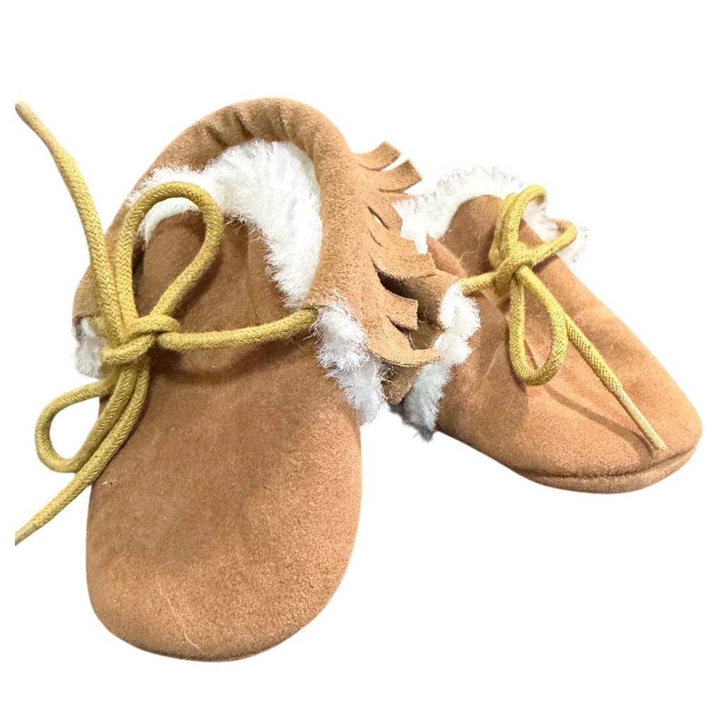 Unbranded Tan Faux Suede Fringe Moccasin Booties with Faux Fur‎ Lining Kids